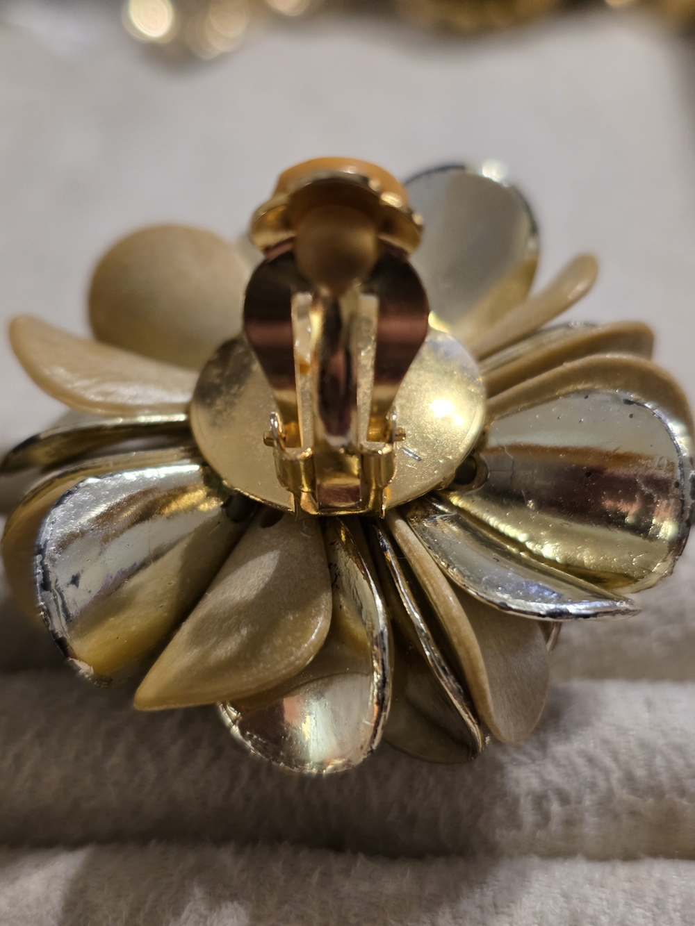 Large, Unique Floral Cluster Clip-On Earrings in Matte And Metallic Goldtone - Picture 6 of 7